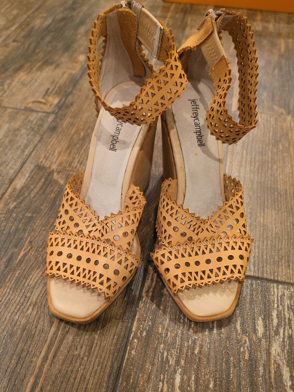 Jeffrey Campbell Tan Laser-Cut Wedge Sandals with Ankle Strap